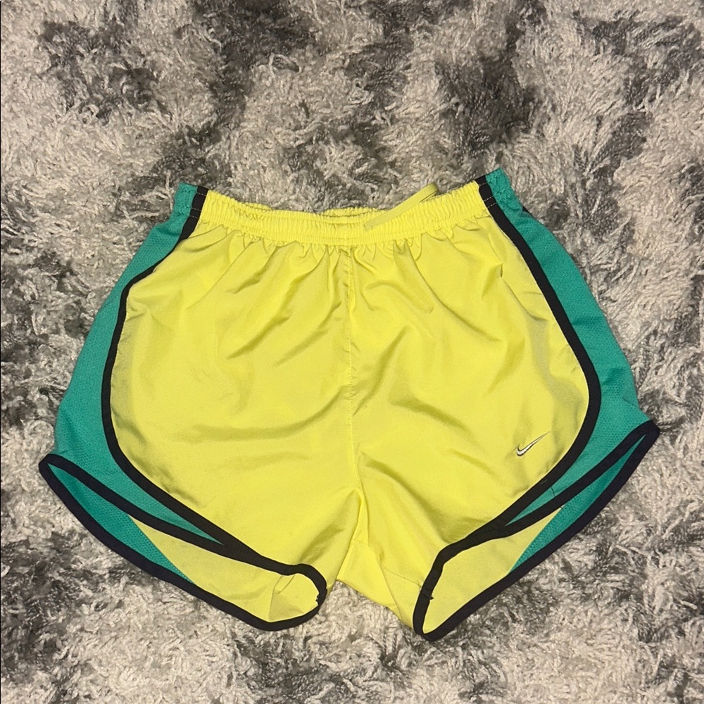 Nike Women's Vibrant Yellow and Teal Athletic Shorts